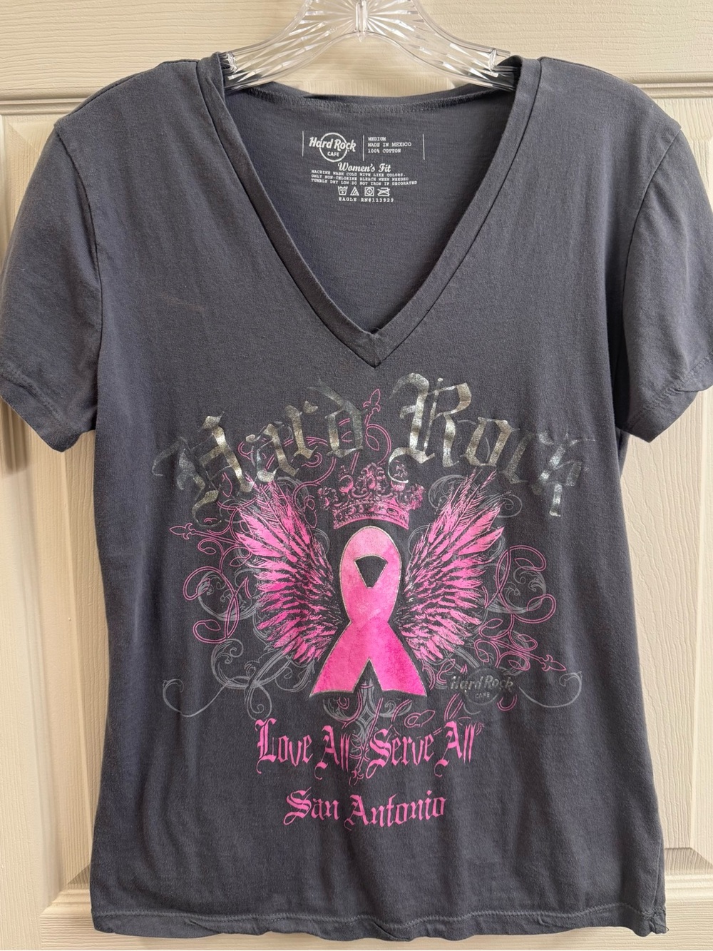 Hard Rock Cafe Charcoal Tee with Pink Ribbon Wings Graphic